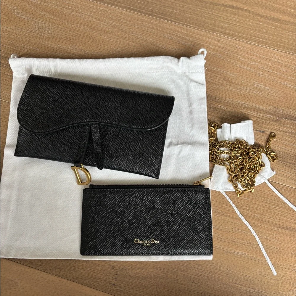 Dior Black Leather Wallet Trio with Gold Chain and D Charm